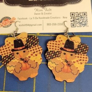 Turkey Pilgrim Wooden Dangle Earrings Fall Autumn Thanksgiving